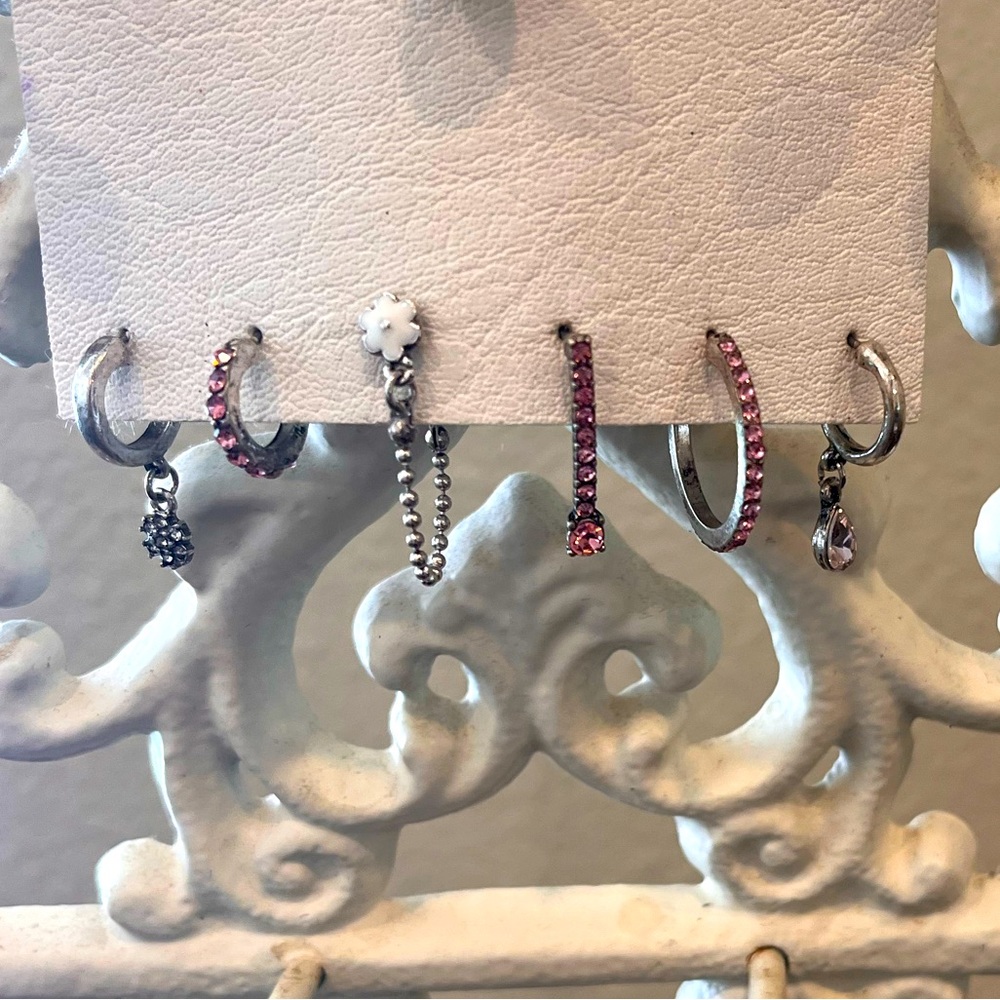 Free People, three pairs of Earrings, pink, white, silver